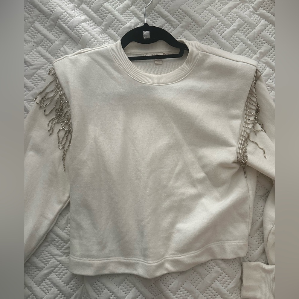 White semi cropped sweatshirt with rhinestones